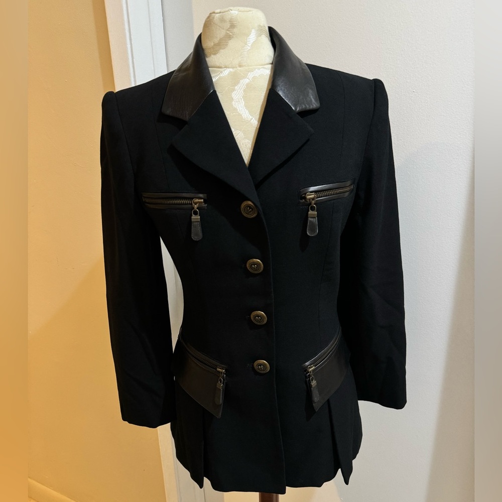 Alberto Makali Vtg Wool Leather Brasstone Buttons Lined Pockets Black Jacket 4